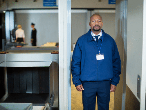 airport-security-officer-standing-metal-detector-door