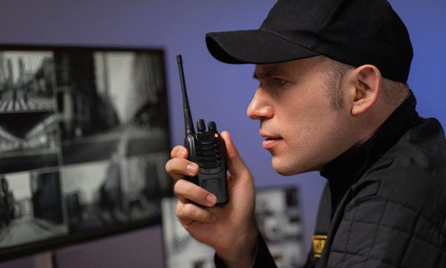 portrait-male-security-guard-with-radio-station-camera-screens